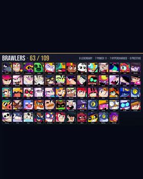 🏆 21.2K Trophies • 🎮 63/109 Brawlers • 🎨 69 Skins • ⭐ 8 Legendary • ⚡ 7 Hypercharged • 💪 7 Maxed P11 • 💎 1 Mythic / 1 Hypercharge Skins • 🔥 Godzilla Buzz, Outlaw Colt, Axl Willow, Bandita Shelly, Dragon Crow, Amazing Charlie m9126973250