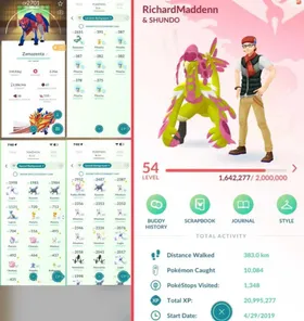 54 LVL | SHUNDO KOMMO-O | 39 HUNDO | 121 SHINY | 29 SHADOW | 925 FULL POKÉMON | 277 LEGENDARY | 26 MYTHICAL | 164 SPECIAL | 156 ULTRA BALL | 1 MASTER BALL |   Account Stats  Trainer Level: 54  Total XP: 20,995,277  Stardust: 3,586,946  Pokémon Caught: 10,084  PokéStops Visited: 1,348  Distance Walked: 383.0 km Pokémon Highlights  Legendary Pokémon: 277  Shiny Pokémon: 121  Shiny Legendaries: 22  Perfect (4★ / 100% IV): 39  Shundo (Shiny 4★): 1 (CP 3309 Kommo-o)  Mythical Pokémon: 26  Shadow Pokémon: 29  Lucky Pokémon: 152  Special Backgrounds: 34  Location Backgrounds: 8  Adventure Effects: 1  Dynamax / Gigantamax: 16 Dynamax | 8 Gigantamax  Mewtwo Mega Energy: 5,450 Mega Y Energy Key Inventory & Resources  Master Balls: 1x  Elite TMs: 1x Elite Fast TM | 1x Elite Charged TM  Standard TMs: 62x Fast TM | 81x Charged TM  Rare Candies: 2x Rare Candy | 2x Rare Candy XL  Boosts & Berries: 7x Lucky Eggs | 50x Incense | 19x Poffins | 199x Golden Razz Berries |