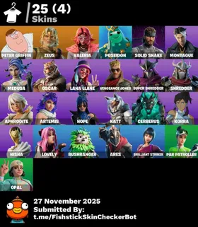 [PC/PSN/XBOX] 25 Skins | Zeus | Peter Griffin | Valeria | Snake | Aphrodite | Cerberus | 1150 VB | FN37