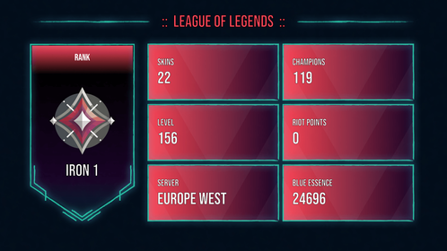 🥑 EUW 🥑 22 SKINS 🥑 IRON 1 🥑 119 CHAMPIONS 🥑 156 LEVEL 🥑 INSTANT DELIVERY 🥑 FULL ACCESS 🥑 F1e1l 🥑