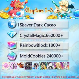 Dark Cacao|Eternal Sugar Cookie+Venom Dough Cookie+Burning Spice Cookie+Dark Cocoa+Nether Queen Cookie+Thor Cookie+Doughael+Sherbet Cookie+Condensed cream+Stardust Cookie+Oyster Cookie|Crystals660000+|Rainbow Cubes240000+|Cookie Cutters1800+|Chapters 1-3 iOS/Android/Starter Account|143141H