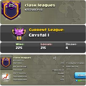 CU-3331➤CLAN LEVEL 25  ➤ CRYSTAL LEAGUE 1➤NAME: Clash Leagues ➤ RARE ENGLISH NAME ➤ CLAN CAPITAL 10|| WIN- 225 | LOSS- 215➤LOW PRICE