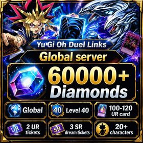 Global | Level 40 | 60000+ Diamonds, 3 SR dream tickets, Character ticket, 100-120 UR card, 2 UR, 20+ characters, 240 chip, Book of Moon x3, Cosmic Cyclone x3, Crackdown x1, Dark Hole x3, Forbidden Chalice x3, Karma Cut x3, Mystical Space Typhoon x3, Treacherous Trap Hole x2, Warning Point x3, Blue-Eyes Alternative White Dragon, Monster Reborn, Skill Card, Wall of Disruption x1
