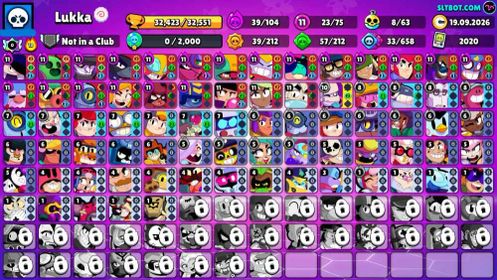 32K Trophies LVL83 | 75/107 Brawlers | 23 Max Brawlers - 20 Hypercharges | 184 Skins | 438 Pins | 334 Icons | 182 Sprays