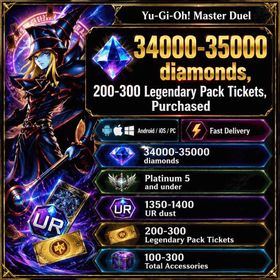 34000-35000 diamonds, Purchased the 3600 Gems Sky Striker Set, Purchased the 3000 Gems Evil★Twin / Live☆Twin Set, Purchased the 3000 Gems Mikanko Lucky Card Set, 200-300 Legendary Pack Tickets, Purchased the 1200 Gems Sky Striker Ace desktop mascot, Purchased the 1600 Gems Sky Striker Collection Binder, 1350-1400 UR dust, 1500-2000SR, 100-300 Total Accessories, Lyna the Light Charmer Mate Set, Random 11-16 Royal Finish Cards, Random 2800 bricks S: P Little Knight Mate