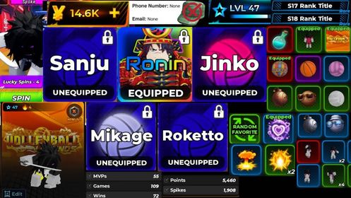 18🏐Volleyball legends 1ULTRA 4Secret 🎀Style: Ronin + Jinko + Sanju + Mikage + Roketto 🎀Ability:Shield Boom Jump + Boom Jump  🟢The account no email / no phon🟢The account does not have a green hat 🎀You can feel comfortable purchasing my account✅Auto Delivery