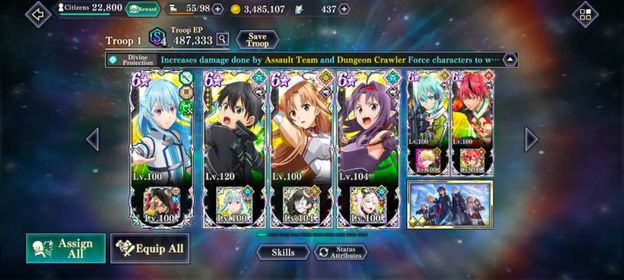 Server NA, 437 gems 💎 Full Limited Collab Sword Art Onlines , 49 Char EX 7* + 6*  Troop Ep487K, ANDROID, can be for IOS too since dont have much gems now, can still claim 435 gems from mail, Kirito max awaken lvl120