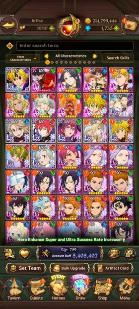 Global, 1.851💎5,4 Million buff, 9LR + 9UR + 13 collab chars : Full 9 Rezero chars + Full 4 chars Gachiakuta, have UR Nemesis Meliodas LR 2/6 + MerlinEscanor 2/6 + Special Reward Box, Story at chap 13 + Side Story all fresh untouch
