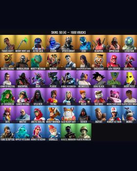 50 Skins Travis Scott ⭐️ Merry Mint Axe ⭐️ Deadpool ⭐️ Astro Jack ⭐️ Meowscles ⭐️ Midas ⭐️ Skye ⭐️ Rippley vs Sludge ⭐️ Monks ⭐️ Ravenpool ⭐️ Cuddlepool ⭐️ Jennifer Walters ⭐️ Slayer Juice WRLD ⭐️ Mandalorian ⭐️ Sith Trooper ⭐️ Kylo Ren ⭐ m9265942315