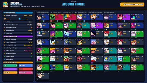 GEMS SPENT 3215 💙 17k TROPHY 💙 45 SKINS 💙 SQUAD BUSTER SHELLY 💙 DARK ANGEL COLT 💙 HACKER BROCK 💙 PSG MIKE 💙 CLASSIC DYNAMIKE 💙 MEGA BOX DARRYL 💙 OMEGA BOX DARRYL 💙 SCARLET PALADIN SURGE 💙 HANDSOME COLT 💙 VIKING BULL 💙 BOOM BOX BROCK 💙 57 BRAWLERS 💙 2 MAX