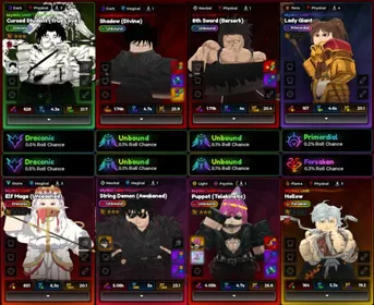 4 Unbound Meta - Unbound Shadow (Divine) Evolved + Unbound 8th Sword (Berserk) Evolved + Unbound Puppet (Telekinetic) Evolved + Unbound String Demon (Awakened) Evolved + Draconic Cursed Student (True love) evolved + Draconic Elf Mage (Unleashed) Evolved + Forsaken Hollow + Primordial Lady Giant | Frieren Yuta Doflamingo Gowther Kenpachi Unbound Megumi Mahoraga Secret Clean Meta Anime Expedition Account
