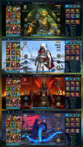 RSL# 274➤Lvl57➤Mythical Theodosia 101K➤TMNT Michelangelo➤Ninja➤Ezio➤ Hephraak➤1.13M Power➤257 Shards➤DL 85M UN