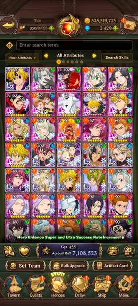 Global, 2.710💎7,1 Million buff, 10LR + 🔥 Full 16 UR + 13 collab chars : Full Gachiakuta + 6 chars Rezero + Full Fire Force, have newest UR Meliodas LR + 241x LR coin + Special Reward Box