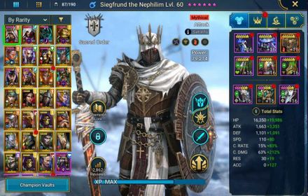 Lv 59|1,1M PWR|1 Mythic(Siegefrund Nephilim)+27 Legend(Ezio,Xeno,Ronda,Visix,Rathalos,Nethril,Geomancer,Etc)|Plarium|RSL1778