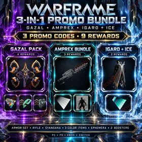 🔥 Warframe 3-IN-1 Promo Code Bundle | Gazal Armor Set + Amprex Rifle + Igaro Syandana + Ice Color Picker + Smoke Color Palette + Tenno I Palette | Alienware/OMEN
