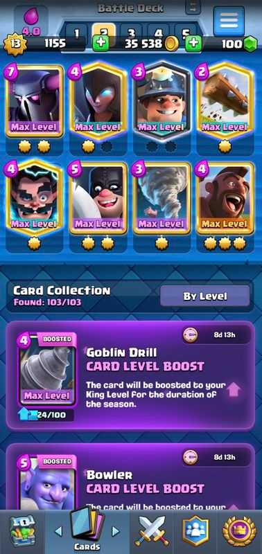 LEVEL 13 MAX ll 44 MAX CARDS ll 4 MAX LEGENDS ll EMOTES : 30 ll HIGHEST : 6099 ll ANDROID AND IOS