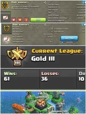 ➤CLAN LEVEL 10 ➤GOLD  LEAGUE 3➤NAME: DARK WARRIORS ➤ RARE ENGLISH NAME ➤ CLAN CAPITAL 6 || WIN-  61| LOSS-36 ➤LOW PRICE