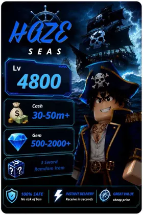 Haze Seas | Lvl 4800 MAX | Weapons 3 Sword | Ramdom Item and Fruits | Money 20-50M++ | Gems 500-2000++