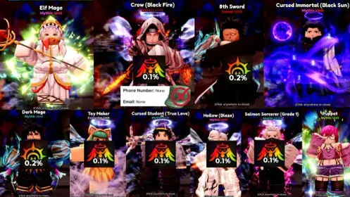Anime Expeditions 47👑5Unbound 2Secret Lv.75🐦 Crow (Black Fire)👑0.1Unbound ⚔️ 8th Sword👑0.2 🐱 Toy Maker👑0.1Unbound 💀 Cursed Student (True Love)👑0.1Unbound ❄️ Hollow (Blaze)👑0.1Unbound 🐟 Salmon Sorcerer (Grade 1)👑0.1Unbound👼 True Saint 🖤 Cursed Immortal (Black Sun) 🪄 Dark Mage 🧸 Puppet 🟢The account no email no phon 🟢The account does not have a green hat 🎀You can feel comfortable purchasing my account ✅Auto Delivery