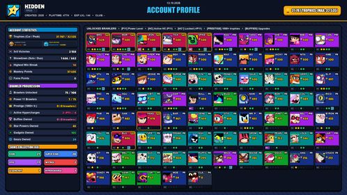 GEMS SPENT 6092 💙 32k TROPHY 💙 68 SKINS 💙 GODZILLA BUZZ 💙 LIGHT MECHA BO 💙 SQUAD BUSTER SHELLY 💙 SPONGEBOB EL PRIMO 💙 SUPER RANGER BROCK RED 💙 TANUKI JESSIE 💙 RUI SHOU NITA 💙 CLASSIC DYNAMIKE 💙 DYNASTY MIKE 💙 ROGUE MORTIS 💙 DIY SURGE 💙 75 BRAWLERS 💙 7 MAX