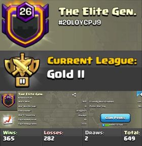 Level 26 clan || clan capital 10 maxed || gold 2 || warlog 365-282 || name - The Elite Gen.
