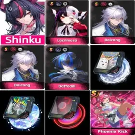 Asia|lv6|ShinKu+Lacrimasa+Baicang+Baicang+Daffodill+Sakiri weapons+Jiuyuan weapons+ShinKu Weapons+Nanally skin|Choose your character ×3|Fast delivey