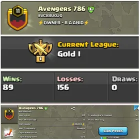||CLAN LEVEL 11 || GOLD LEAGUE 1 ||NAME: AVENGERS 786||RARE ENGLISH NAME || CLAN CAPITAL 6 || WIN- 89 | LOSS- 156 ||LOW PRICE