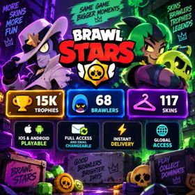 📱 IOS & ANDROID 🏆 15K Trophies 👊 68 Brawlers 👕 117 Skins 🔓 FULL ACCESS 🚀 INSTANT DELIVERY