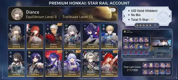 [asia] TL10 | Female | Himeko-nova+Firefly+Robin+Acheron+Ruan mei+Seele+Archer+Himeko+Bronya+Gepard+dr.ratio| no cheat | uid806 | username anda birthday unset | no top-up history | fast delivery