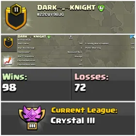 || CLAN LEVEL 11 ||  CRYSTAL LEAGUE 3 || NAME: Dark Knight ||  RARE ENGLISH NAME ||  CLAN CAPITAL 2 || WIN- 98 | LOSS- 72 || LOW PRICE