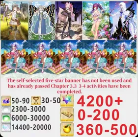 Japen server|4200+ Saint Quartz +Characters in the picture+ Call Sign 0-200 +Golden Fruit 360-500[See Picture]|Optional five stars not used + Plot has passed 3.3|Android|iOS |LDC007|Fate Grand Order
