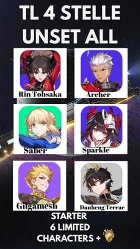 [ASIA] TL 4 | Saber + Rin Tohsaka + Archer + Gilgamesh (Selector) + Sparkle + Danheng Terrae + Selee + 1 GCS AUTOMATIC DELIVERY