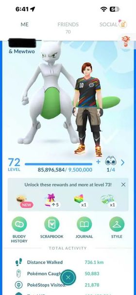 72 LVL | SHUNDO GARCHOMP |  PERFECT MEWTWO DIALGA | 53 HUNDO | 231 SHINY | 63 SHADOW | 274 LEGENDARY | 1 MYTHICAL | 111x ULTRA BALL | 2x MASTER BALL  Account Overview  Level: 72  Stardust: 11,937,099  Pokémon Caught: 50,883  PokéStops Visited: 21,878  Distance Walked: 736.1 km  Pokémon Storage: 1,000  Item Storage: 1,000 Pokémon Breakdown  Legendary: 274  Shiny: 231  Special (@special): 148  Shadow: 63  Perfect (4★): 53  Special Background: 38  Location Background: 11  Shiny Special Background: 3  Shundo (Shiny 4★): 2 (Garchomp, Gible)  Shiny Location Background: Moltress  Mythical: 1 (Mew) Energy  Mewtwo Mega Energy X: 12,200  Mewtwo Mega Energy Y: 11,100  Crowned Shield Energy: 220 Key Inventory Items  Master Ball: 2  Rare Candy: 156  Rare Candy XL: 44  Elite Fast TM: 2  Elite Charged TM: 2  Fast TM: 52  Charged TM: 60  Super Incubator: 22  Lure Module: 22  Lucky Egg: 17  Star Piece: 12  Purified Gem: 12  Incense: 10  Rocket Radar: 2  Golden Razz Berry: 138  Silver Pinap Berry: 60