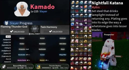 Slayers 2 BEST ACCOUNT CLAN KAMADO LVL 225 + ZENITSU UNLOCK SKILL + THUNDER BREATHING + NIGHTFALL KATANA + UNVERIFIED, INSTANT DELIVERY [RBLx138]