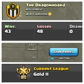 ➤CLAN LEVEL 11 ➤ GOLD LEAGUE 2➤NAME: The Dragonhoard ➤ RARE ENGLISH NAME ➤ CLAN CAPITAL 7|| WIN- 43| LOSS-48 ➤LOW PRICE