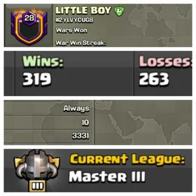 CU-3331➤CLAN LEVEL 28 ➤ MASTER LEAGUE 3➤NAME: LITTLE BOY ➤ RARE ENGLISH NAME ➤ CLAN CAPITAL 10|| WIN- 319 | LOSS-263 ➤LOW PRICE
