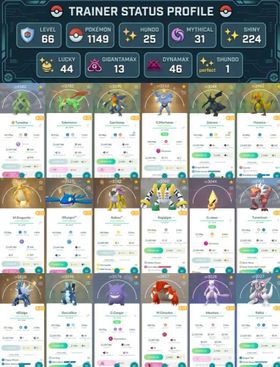 323 LEGENDARY | 25 HUNDO | 31 MYTHICAL | 224 SHINY | 4100 IV100 TYRANITAR | LEVEL 66 | 44 LUCKY | 13 GIGANTAMAX | 46 DYNAMAX | SHUNDO WAILMER | 97 SHADOW | 208 SPECIAL | 1149 POKEMON | 142x ULTRA BALL | 1x MASTER BALL  Account Details  Level: 66    Total XP: 61,620,278    Stardust: 3,307,982    Pokémon Storage: 1,149 / 1,150    Item Storage: 1,926 / 1,925   Pokémon Overview  Legendary: 323    Shiny: 224    Perfect (4★ / Hundo): 25    Shundo (Shiny 4★): 1    Mythical: 31    Dynamax: 46    Gigantamax: 13