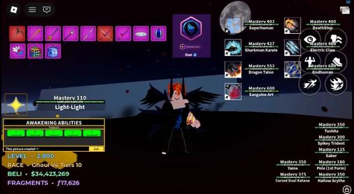 Blox Fruit | Level 2800 | Ghoul V4 T10 | Awakening Light | Sanguine Art | Cursed Dual Katana | 34M Beli / 17K Flagment | Unverified Account | Instant Delivery