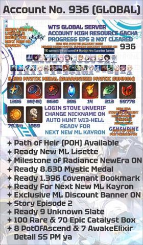 GLOBAL | 8.630 Mystic Medal New ML Kayron Guaranteed Claim Mystic Summon Genesis Ras | New Era Account 2026 Milestone of Radiance ON | Exclusive For Newbie Heirs ML Discount Banner ON | Ready New ML Lisette | Story Episode 2 | Path of Heir POH Mission Available | Lisette + Bystander Hwayoung + Abyssal Yufine + Successor Taeyou + Hellion Lua + Spirit Eye Celine + Astromancer Elena + Faithless Lidica + Operator Sigret + Architect Laika | Hecate + Aube + Argent Waves Hwayoung + Aram + Tori + Young Senya + Rinak + Aubade Ludwig + Setsuka + Tactical Archetype Coli + Saria + Afternoon Soak Flan + Landy + Fenne + Ivana + Immortal Wukong + Blood Blade Karin + Sinful Angelica + Angel of Light Angelica High Resource Gacha Wish Account Epic Seven 936 | 1.396 Covenant Bookmark Available | High Resource Available | Check Picture For Detail or Message Me | INSTANT DELIVERY