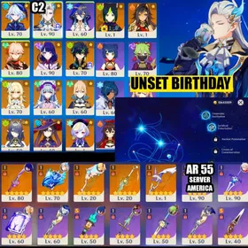 NA55 UNSET BIRTHDAY⭐️Neuvillette C2 +Weapon5⭐️, Kazuha + Kinich + Furina + Lauma + Raiden Shogun +Weapon5⭐️, Mona + Jean C1 + Dehya + Tighnari + Qiqi