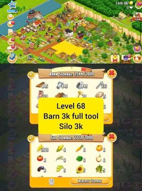 Hay Day Lv 68 Account | 3000 Barn (Full Tools) | 3000 Silo | Instant Delivery | Android/iOS