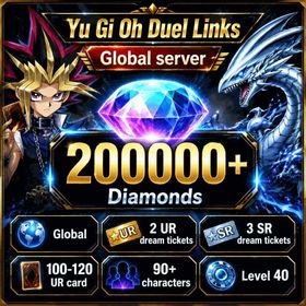 Global | Level 40 | 200000+ Diamonds, 2 UR dream tickets, 3 SR dream tickets, Character ticket, Diamonds stored in the mailbox have a time limit and will expire, Only 9999 diamonds can be displayed, remaining diamonds can be collected in the mailbox and in life, 100-120 UR card, 90+ characters, 240 chip, Book of Moon x3, Cosmic Cyclone x3, Crackdown x1, Dark Hole x3, Forbidden Chalice x3, Karma Cut x3, Mystical Space Typhoon x3, Treacherous Trap Hole x2, Wall of Disruption x1, Warning Point x3, Blue-Eyes Alternative White Dragon, Monster Reborn, Skill Card