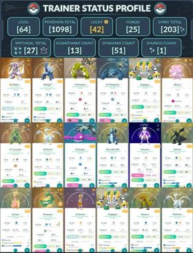 SHUNDO CINDRACE | 326 LEGENDARY | 203 SHINY | 19 3000+ CP | 1098 POKEMON | 42 LUCKY | 25 HUNDO | 27 MYTHICAL | 13 GIGANTAMAX | 51 DYNAMAX | 80 SHADOW | 210 SPECIAL | 35x ULTRA BALL | 2x MASTER BALL   Account Details  Level: 64    Total XP: 50,372,198    Stardust: 3,003,533    Pokémon Storage: 1,098 / 1,100    Item Storage: 1,429 / 1,525   Pokémon Overview  Legendary: 326    Shiny: 203    Perfect (4★ / Hundo): 25    Shundo (Shiny 4★): 1    Mythical: 27    Dynamax: 51    Gigantamax: 13    Lucky: 42    Special Background: 23    Location Background: 0    Adventure Effect: 4    Shadow: 80    Event: 19   Main Items  Ultra Ball: 35    Great Ball: 55    Poké Ball: 125    Max Potion: 1    Super Potion: 4    Hyper Potion: 248    Revive: 205    Max Revive: 69    Razz Berry: 3    Nanab Berry: 2    Pinap Berry: 41    Golden Razz Berry: 64    Silver Pinap Berry: 94    Rare Candy: 63    Rare Candy XL: 8    Premium Battle Pass: 1    Remote Raid Pass: 1    Fast TM: 76    Charged TM: 114    Elite Fast TM: 1