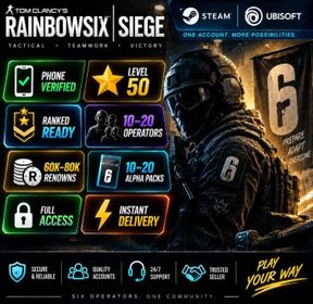 【STEAM/UBISOFT】📱 Phone Verified 🏅 Level 50 🏆 Ranked Ready 👥 10–20 Operators 💰 60–80K Renowns 🎁 10–20 Alpha Packs 🔐 Full Access ⚡ Instant Delivery