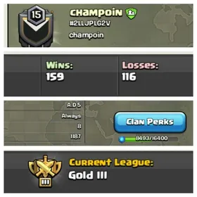 ➤CLAN LEVEL 15 ➤ GOLD LEAGUE 3➤NAME: Champoin ➤ RARE ENGLISH NAME ➤ CLAN CAPITAL 8 || WIN- 159 | LOSS-116 ➤LOW PRICE
