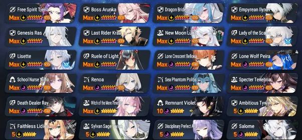Rank S10 27ML Characters 19 Chraracters SSS Imprint 78 5-6 Star characters 69 5 star Artifact