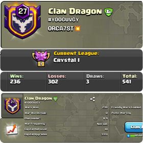 CU-3331 // CLAN LEVEL 27 // CRYSTAL LEAGUE 1 // NAME:Clan Dragon  // RARE ENGLISH NAME // CLAN CAPITAL 10 || WIN-236  | LOSS- 302 // LOW PRICE