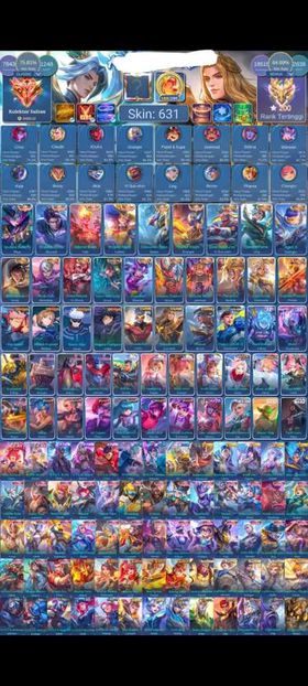 631 Skins. Good win rate. World Collector. 6 Legend. 12 Collector. All JJK. 3 Dawning. Chun Li. 4 Sanrio. Sakura. 2 Star Wars. 4 Transformers