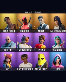 12 Skins Travis Scott ⭐️ Deadpool ⭐️ Meowscles ⭐️ Midas ⭐️ Skye ⭐️ Katalina ⭐️ Slayer Juice WRLD ⭐️ Agent Peely ⭐️ Iris ⭐️ Brutus ⭐️ TNTina ⭐️ Gear Specialist Maya ⭐️ m9194514022
