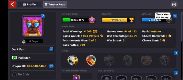 1 BILLION ( 1000M Coins) | Level 56 | Pool Cash 109 💵 | kowizumu